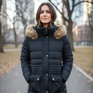 DKNY Black Long Quilted Hooded Puffer Jacket with Fur Trim.Gently Worn. Size XL